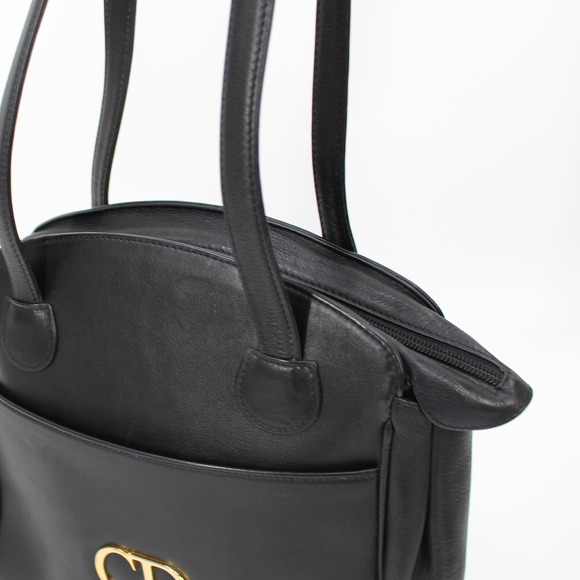 Christian Dior Black Smooth Leather Gold CD Logo Zip Shoulder Bag Sac Cabas Tote - Picture 3 of 8